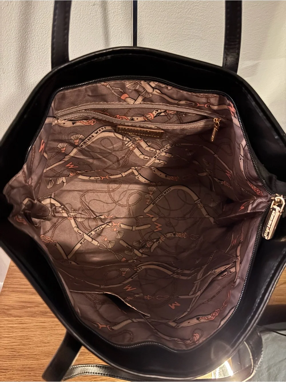 Montana West Black Quilted Tote interior zippered pocket and two slip pouches